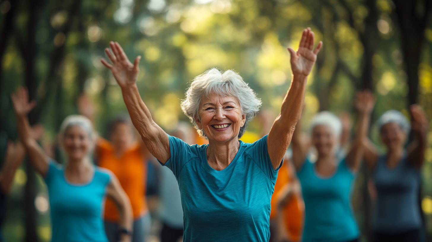 Група активних людей зрілого віку під час групового тренування
